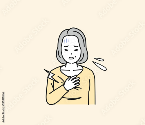 胸が痛い中年の女性　胸が苦しい　心筋梗塞　心臓発作　心臓病　狭心症　病気　症状　イラスト