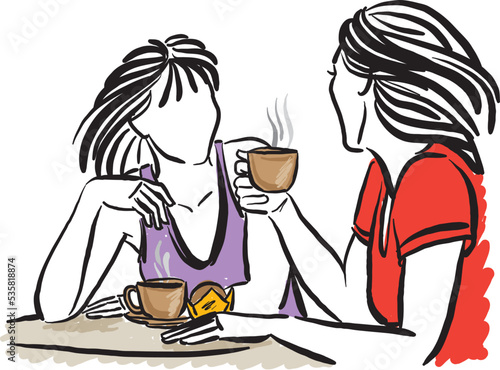 two women friend drinking cup of coffee conversation friendship concept vector illustration