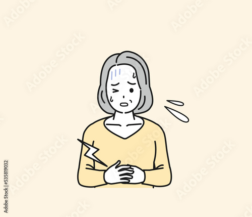 お腹が痛い中年の女性　腹痛　食あたり　食中毒　病気　症状　イラスト