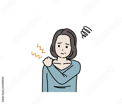 肩こりに困る中年の女性　肩がこる　痛む　症状　イラスト