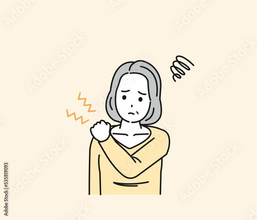 肩こりに困る中年の女性　肩がこる　痛む　症状　イラスト