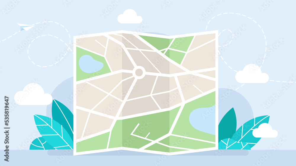 Folded map. City map navigation. GPS navigator. Top view, view from above. Abstract background. Banner for website, web page, flyers. Navigation. Cute simple design. Flat style. Illustration