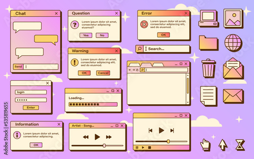 Vector set of retro vaporwave computer interface. Gradient browser and dialog window templates. Nostalgic OS. Retro icons.