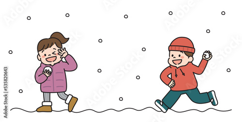 冬休みに雪合戦をする子どものイラスト
