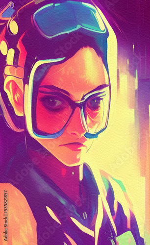 Cyberpunk girl portrait digital painting art. Future concept illustration of woman portrait. Graphic drawing print for poster or canvas. Futuristic design