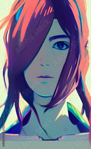 Cyberpunk girl portrait digital painting art. Future concept illustration of woman portrait. Graphic drawing print for poster or canvas. Futuristic design