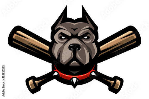 Pit Bull and crossed baseball bats. Fighting dogs symbol, sport mascot. T-shirt print.