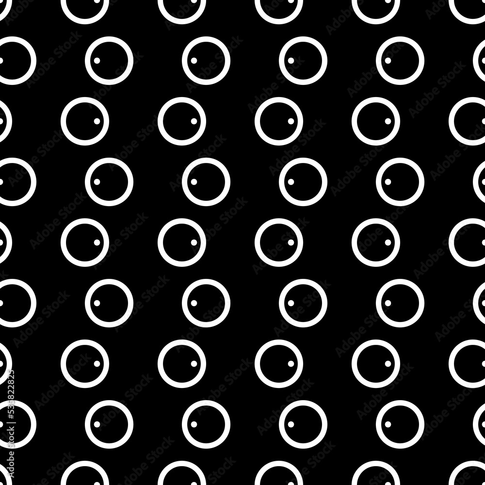 Vector illustration. Geometric seamless pattern. Solid contour circle and dots in a row. Spotted black and white, grey background. Simple monochrome abstract pattern.