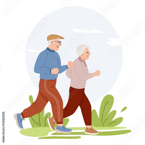 Active retirement. Elderly couple spends time outdoors.Vector illustration of cartoon happy senior man and woman jogging in park.