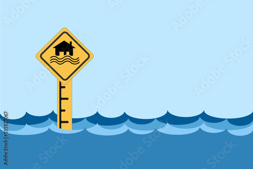 Fotografía Flood disaster yellow sign - houses and waves on yellow sign isolated on flood level background