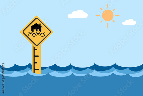 Flood disaster yellow sign - houses and waves on yellow sign isolated on flood level background.