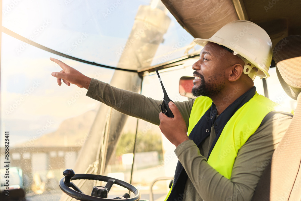 Logistics, radio communication and delivery truck driver or forklift ...