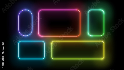 Neon gradient frames set, collection of colorful glowing rounded rectangle borders isolated on a dark background. Colorful night banners, bright illuminated shapes, vector light effect.
