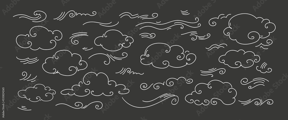 Vector doodle set of doodle wind, weather, environment. Illustration hand drawn style isolated on white background