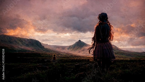 The Pictish girl standing in front of a magnificent mountain landscape v2