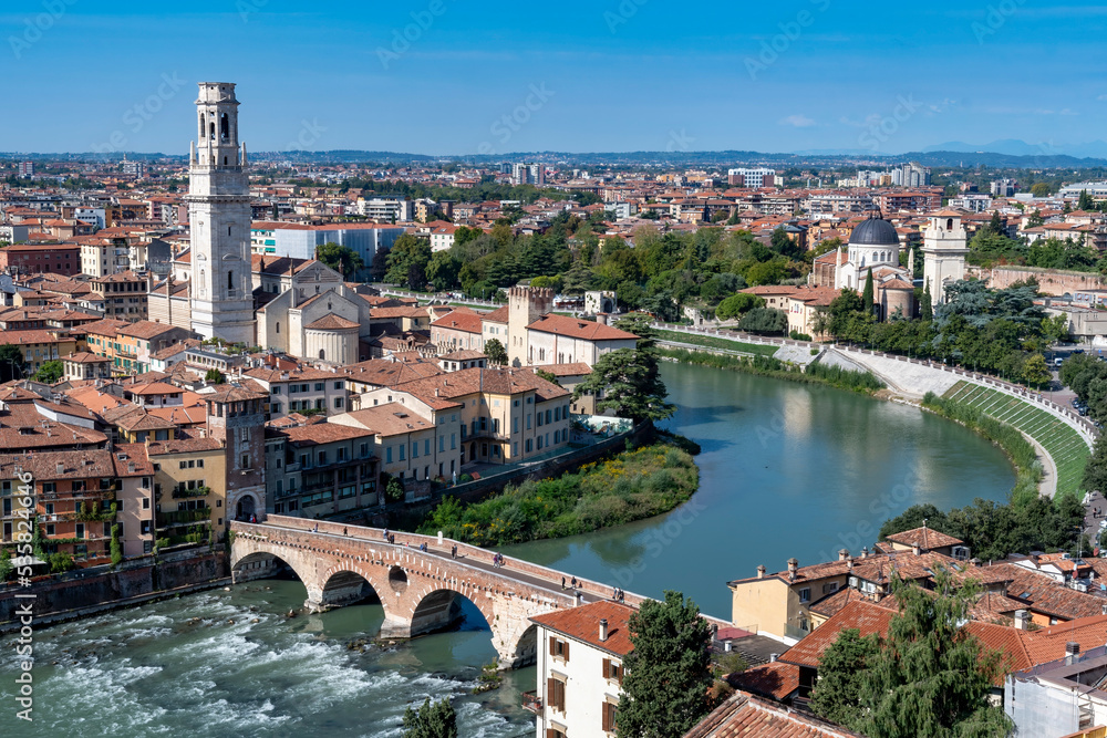 Overhead view of Verona across the Adige river in Italy