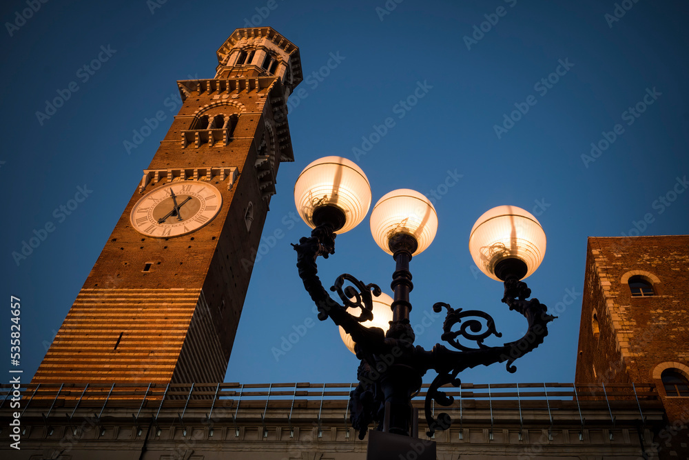 Verona's tallest medieval tower seen at dusk