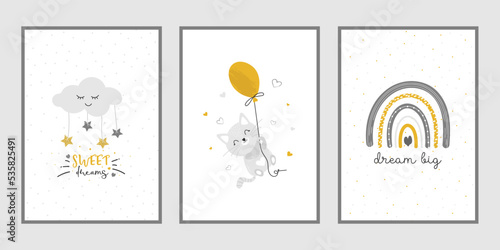 A set of nursery posters with a cute cloud, a kitten on a balloon and a rainbow with the words sweet dreams, dream big. Baby illustration, vector