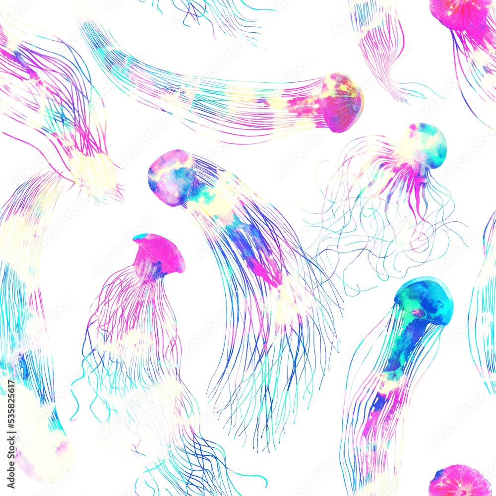Obraz premium Pattern seamless jellyfishes PNG. Space colorful repeat texture wallpaper illustration Night galaxy watercolor jelly fishes in bright style vivid blue purple violet isolated on transparent background