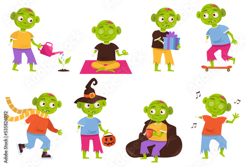 Set of cute zombies that does various things. Vector graphic. Happy Halloween.