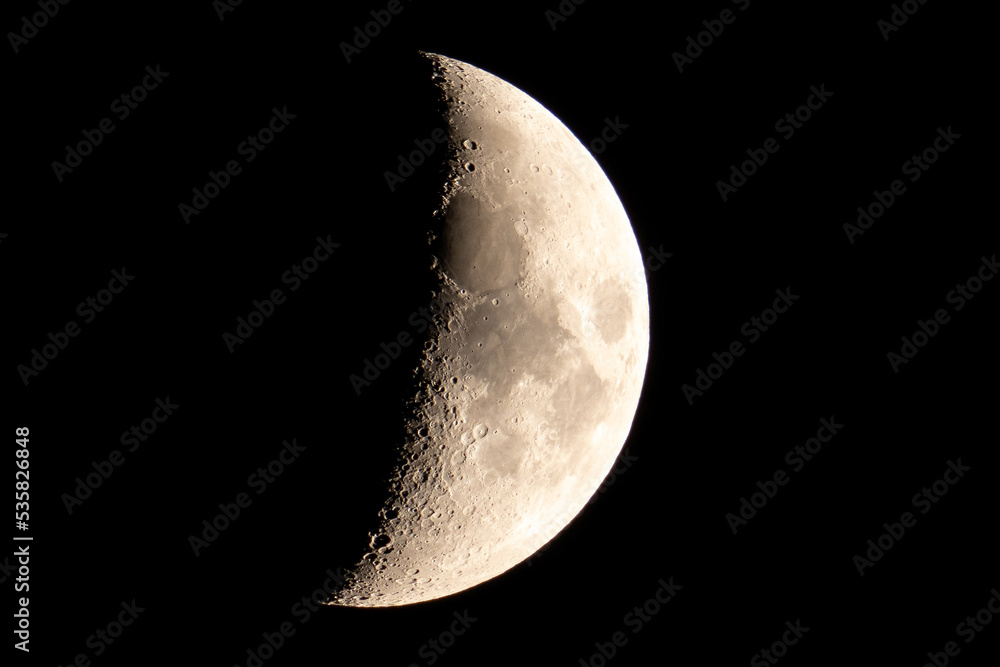 Moon in First Quarter Phase viewing detail of the craters during the night. Moon in First Quarter Phase viewing detail of the craters during the night.