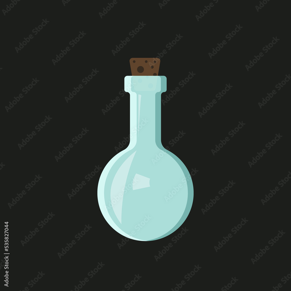 Empty glass bottle with brown cork for poison or magic potion, elixir isolated on black background. Vector illustration Empty glass bottle with brown cork for poison or magic potion, elixir isolated on black background. Vector illustration