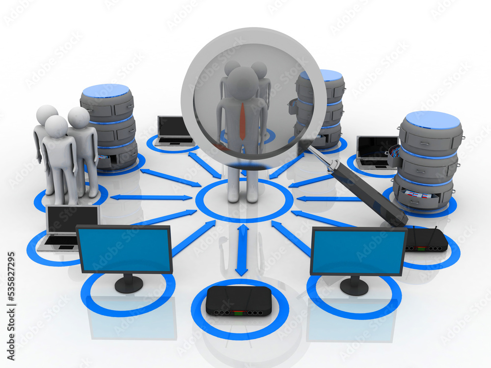 3d rendering technology Computer modem network with database near technician 3d rendering technology Computer modem network with database near technician