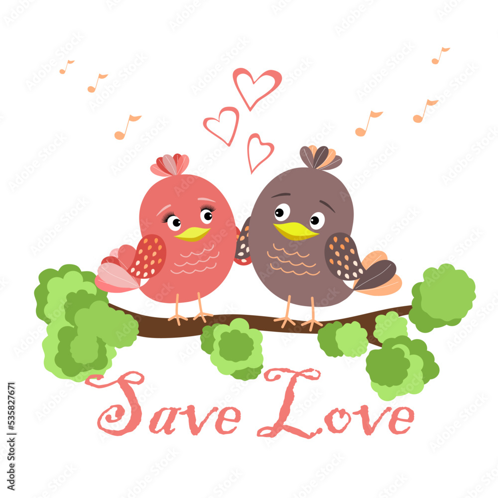 Vector illustration. Two cute love birds on a tree, isolated on white background, 