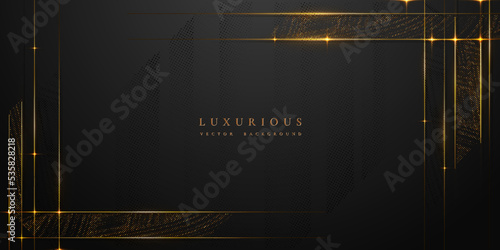 Abstract black and gold luxury vector background with abstract gold dots and shining golden lines.
