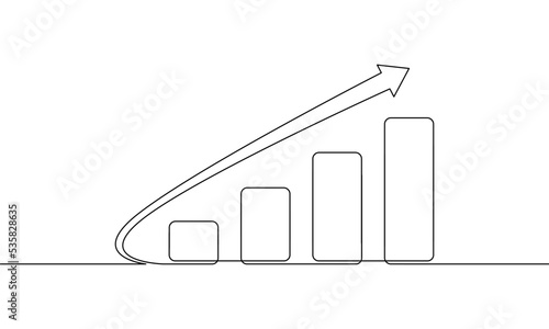 Continuous line drawing of growth graph, arrow up, business growth icon, bar chart, object one line, single line art, vector illustration