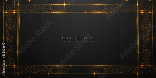 Abstract black and gold luxury vector background with abstract gold dots and shining golden lines.