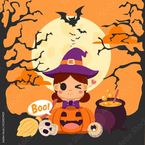 Halloween cute witch on the pumpkin and decorates the silhouette haunted tree. Vector illustration cartoon flat design for poster, banner, wallpaper, and background.
