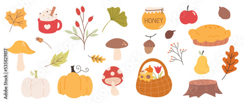Collection of autumn element vector. Set of floral, wild flowers, leaf branches, foliage, maple, pumpkin, pie, mushroom. Hand drawn of autumn foliage design for decorative, print, graphic, card.