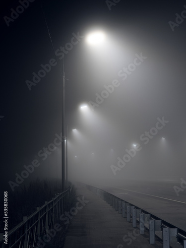Fototapeta Naklejka Na Ścianę i Meble -  foggy road. night highway illuminated by lanterns