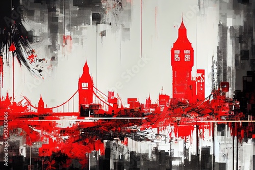 Abstract city building skyline metropolitan. concept art. crimson red abstract. digital glitch art