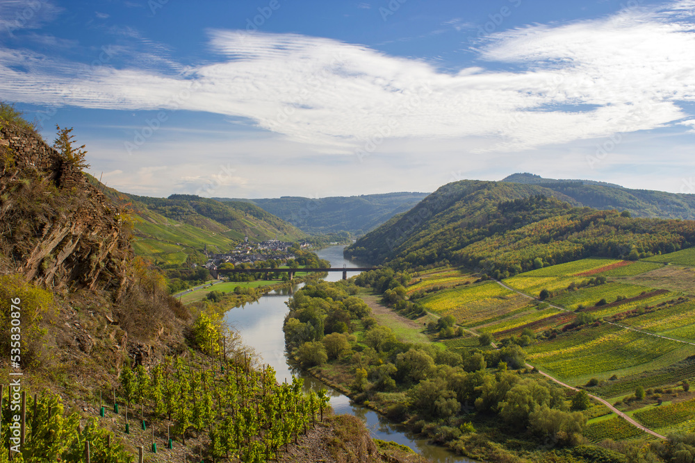 Moselle River in Germany, view of Calmont village and vineyards