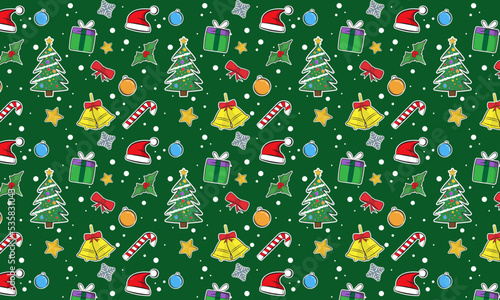 Cartoon wallpaper with Christmas symbols intended for packaging design, wrapping paper or as a background for your project.