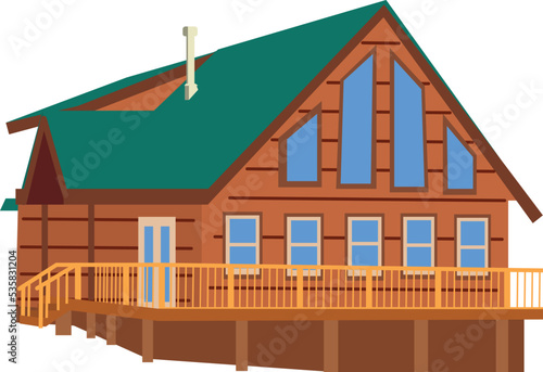 lodge, eco house, country hunter chalet, flat cartoon style icolated vector illustration cabin in forest photo