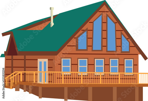 lodge, eco house, country hunter chalet, flat cartoon style icolated vector illustration cabin in forest