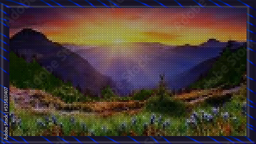 Landscape. Vector. Nature in the rays of the rising sun. Original graphic wallpaper in the form of a cross-stitched picture taken in a frame.