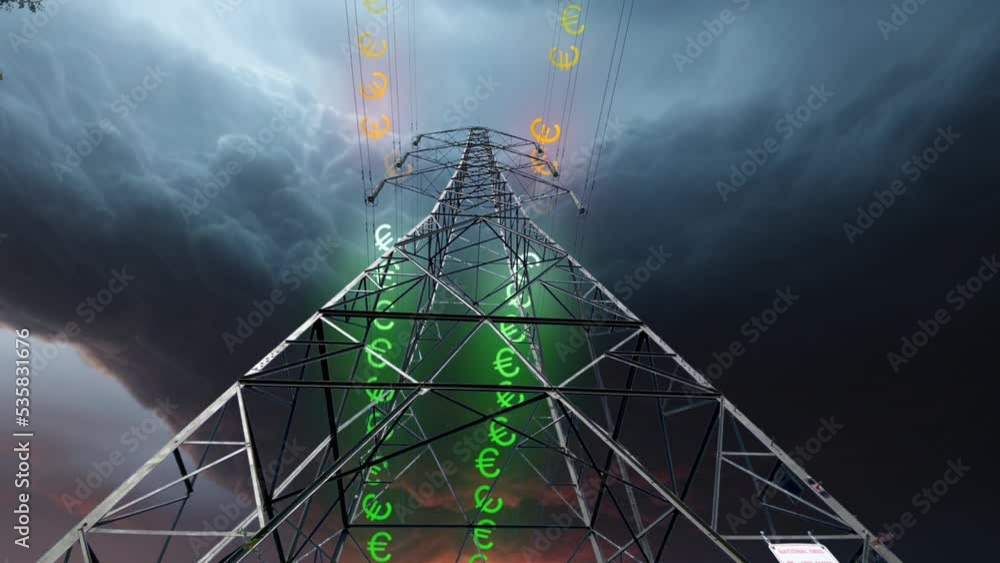 A transmission tower pylon showing the euro money symbol running down the power lines representing the global energy crisis with rising electricity costs.
