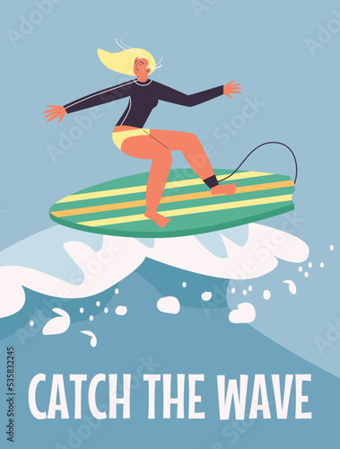 Poster with happy blonde woman surfing on waves flat style