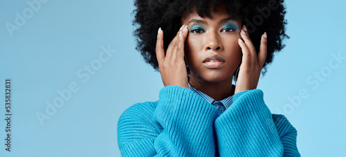 Photography Blue makeup, fashion and beauty with a black woman in studio against a wall background with mockup