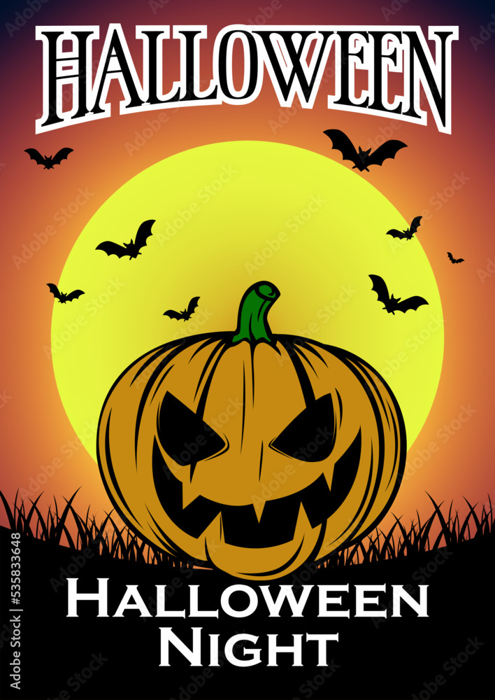 Halloween poster with jack o lantern with creepy face and bright and dark background Halloween poster with jack o lantern with creepy face and bright and dark background