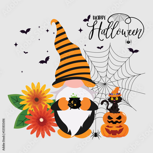 happy Halloween gnomes with pumpkins and witch potion, greeting card, vector illustration