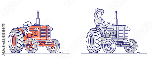 Tractor and tractor driver, set of vector line art illustrations. Red and grey versions.