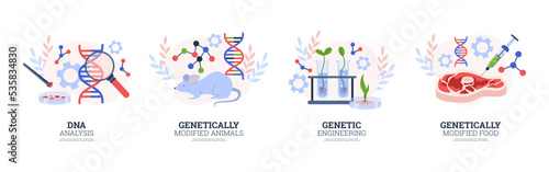 Genetic engineering and DNA modifications banners vector illustration isolated.