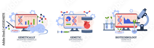 Genetic engineering and biotechnology banners or badges flat vector isolated.