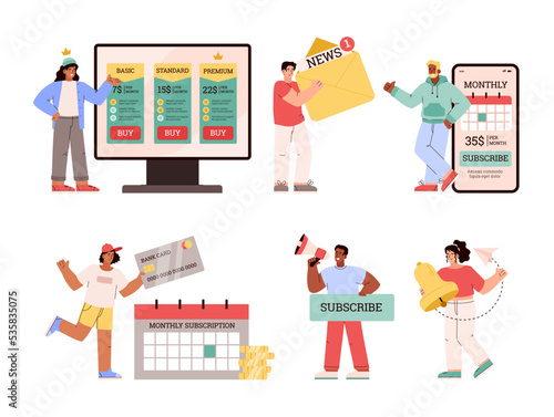 Set of people characters advertising various subscriptions flat style