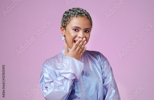 Billede på lærred Happy, black woman and secret portrait with studio pink background with quirky and fashionable style